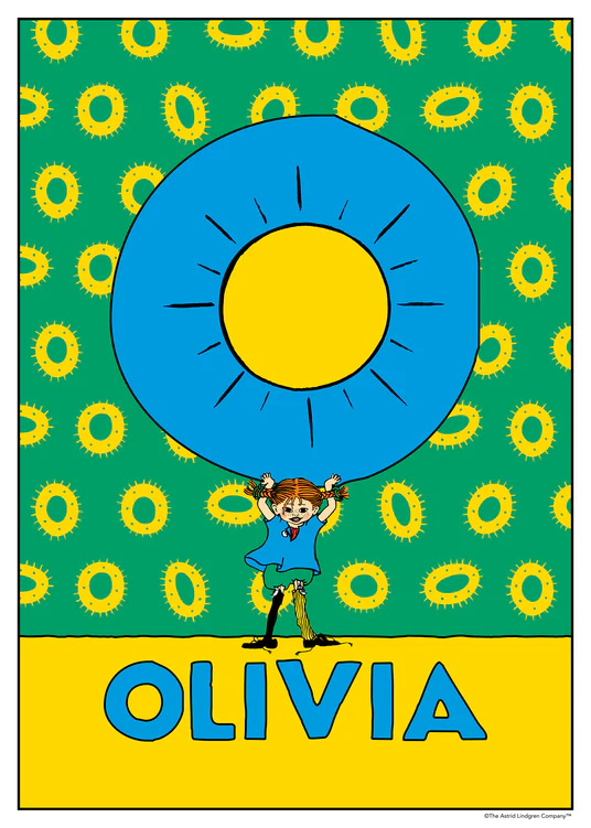 Pippi lifts a giant blue O with a yellow center above her head. Name: Olivia. 