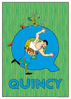 Pippi and a strongman are tangled inside a large blue Q while pirates jump above. Name: Quincy.