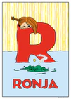 Pippi Longstocking peeks over a large red letter R, with a small volcanic island landscape in the water below. Name: Ronja.