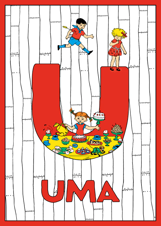 Pippi hosts a big feast inside a large red U. Name: Uma. 