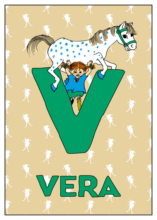 Pippi lifts Lilla Gubben above a giant green V. Name: Vera.
