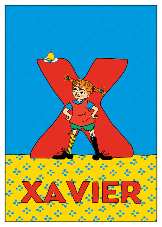 Pippi stands confidently in front of a large red X with a dessert on top. Name: Xavier. 