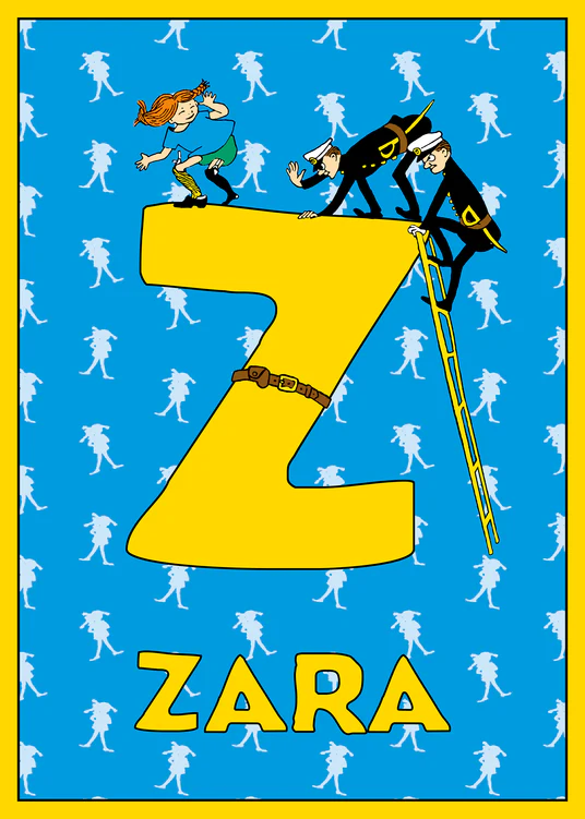 Pippi dances atop a large yellow Z while policemen climb a ladder toward her. Name: Zara. 