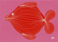 colorful poster with a painted red fish on pink background