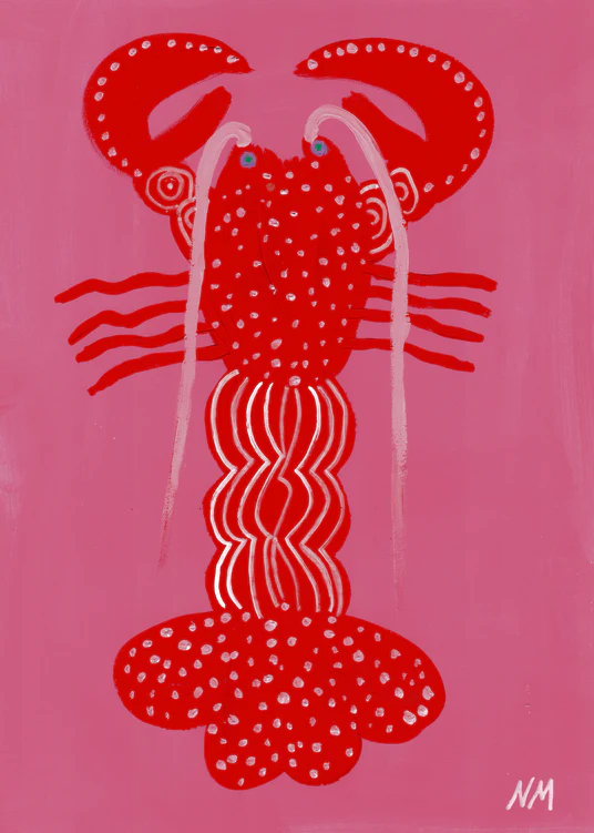 poster with a painted red lobster on pink background