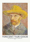 A poster featuring Vincent van Gogh's self-portrait with a straw hat, predominantly in warm colors with bold brushstrokes.