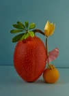 Stilllife featuring fruits and a yellow tulip against a blue background