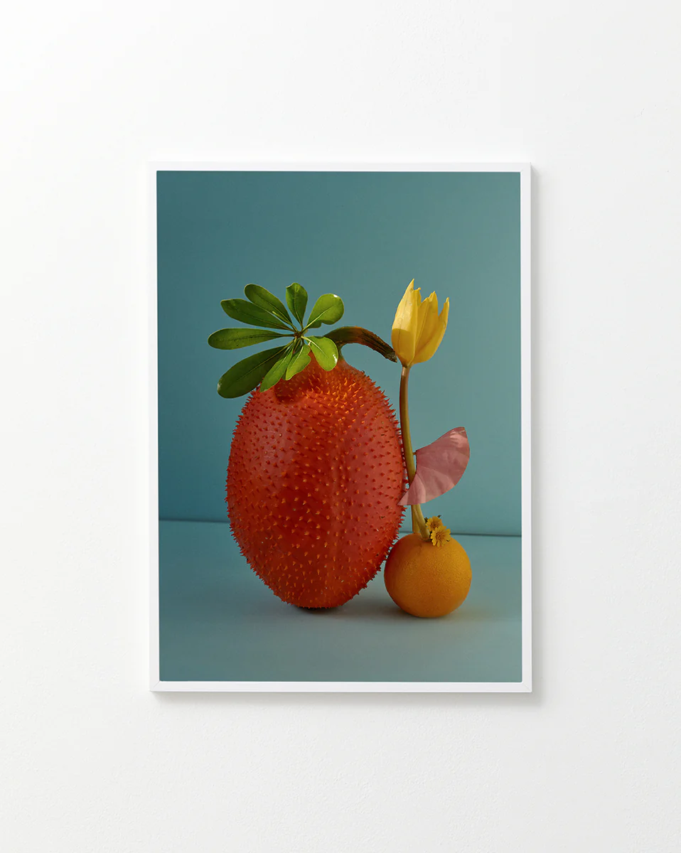 A poster featuring a stilllife featuring fruits and a yellow tulip against a blue background in a white frame