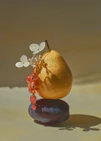 Stillife photography of a pear balancing on a plum