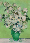 Famous painting of white flowers in a green vase on a green background.