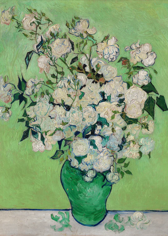 Famous painting of white flowers in a green vase on a green background.