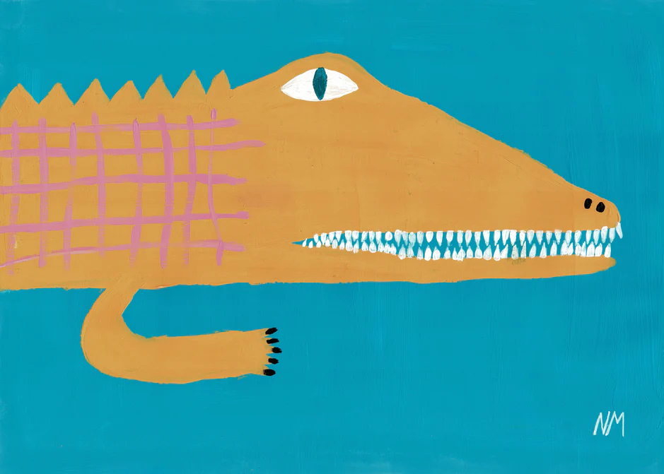 poster with a painted yellow crocodile on a blue background