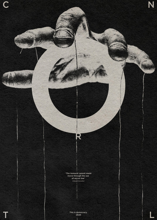 Hand holding strings like a puppet master and the word control spelled out.