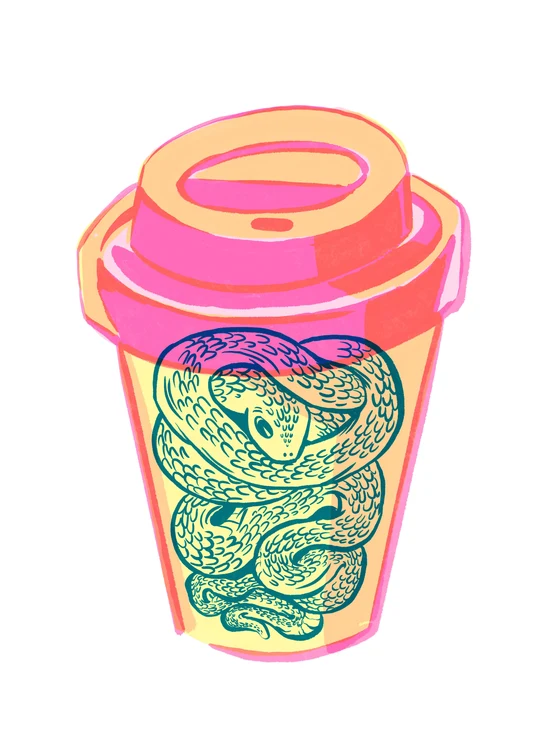 Illustration av en take away-mugg i klara färger med en orm inuti.
