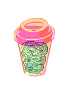 Illustration of a takeaway mug in bright colors with a snake inside.