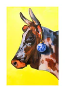 Profile portrait of a bull with a blue Christmas ornament hanging from its ear.