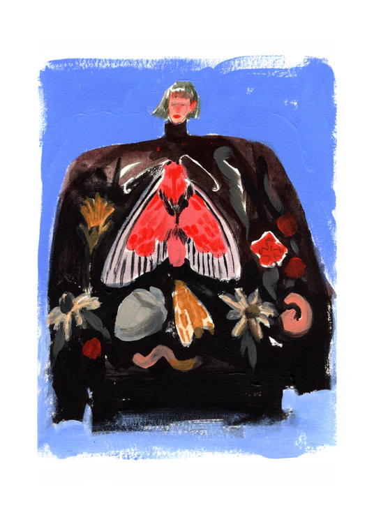 Painting of a woman with a black turtleneck sweater with a pattern.