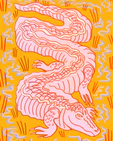 Illustration of a pink crocodile slithering through an orange swamp.