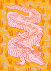 Illustration of a pink crocodile slithering through an orange swamp.