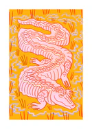 Illustration of a pink crocodile slithering through an orange swamp.