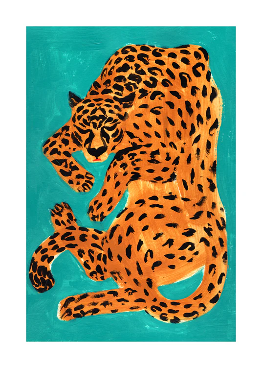 Painting of a sleeping orange leopard surrounded by a turquoise background.