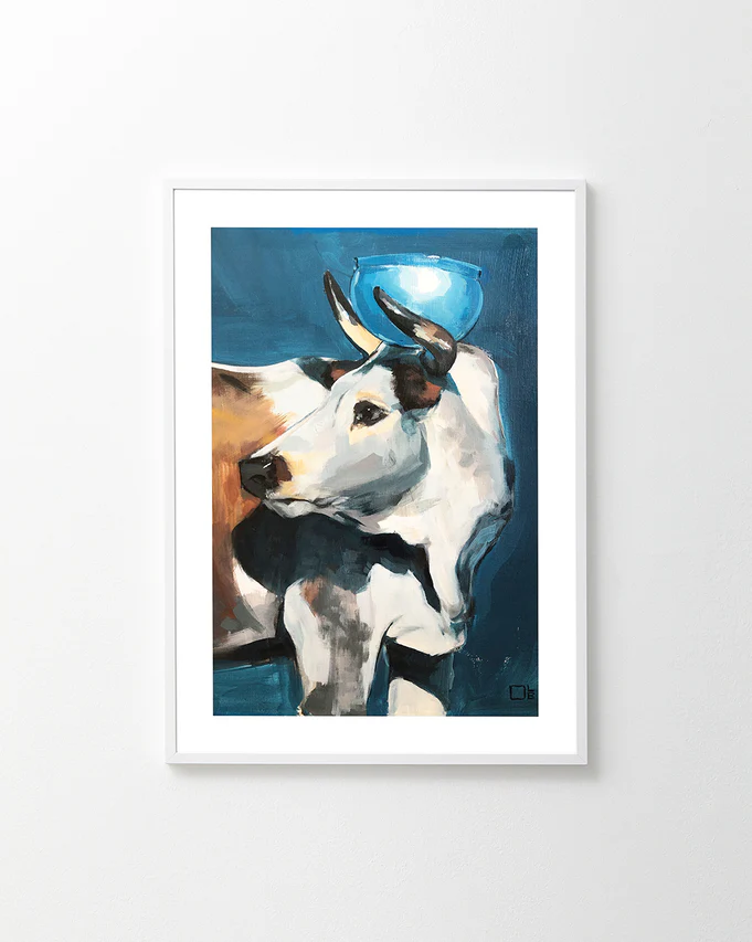 Painting of a bull balancing a blue bowl on its head. 