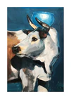 Painting of a bull balancing a blue bowl on its head.