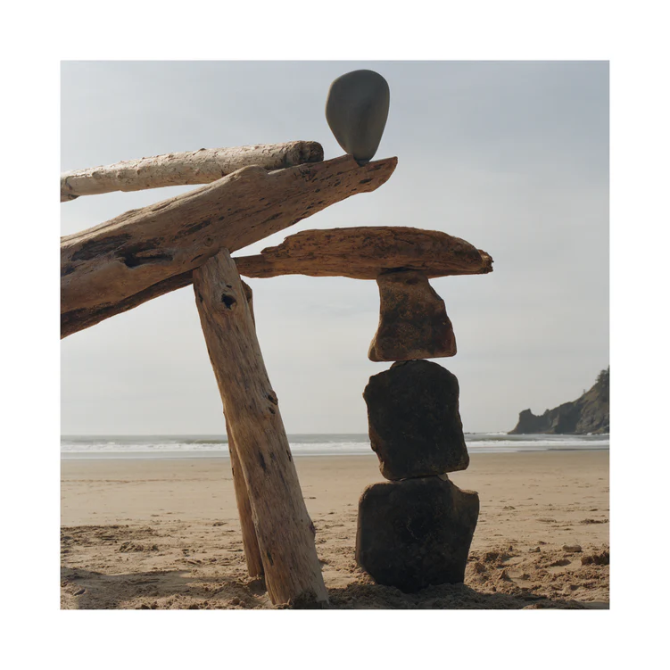 Sculpture made from stones and driftwood on a sandy beach.