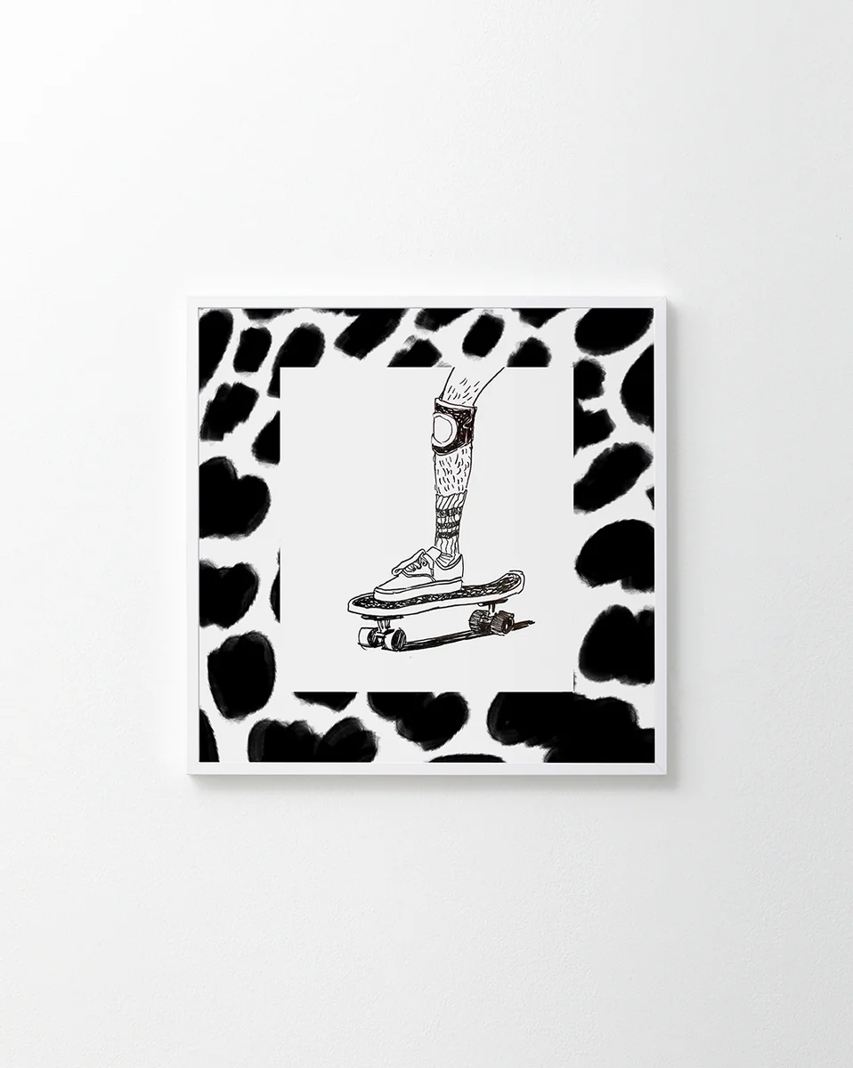 Skater wearing Vans and a kneepad framed in a black and white pattern.