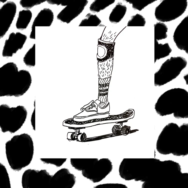 Skater wearing Vans and a kneepad framed in a black and white pattern.