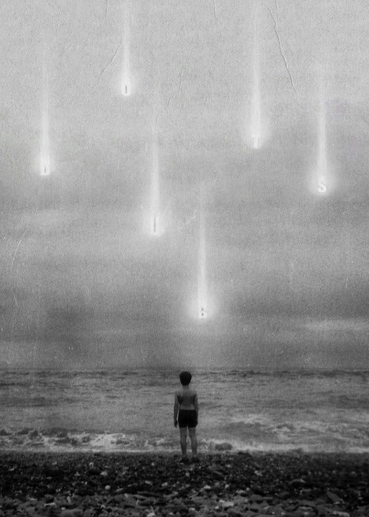 A child stands on a rocky shore, gazing at the cloudy sky. Bright letters D, I, B, S appear as glowing streaks descending. The Doubts Poster features a vintage black-and-white grainy effect.