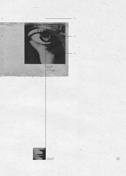 White canvas with two framed photographs in black and white and thin black lines.