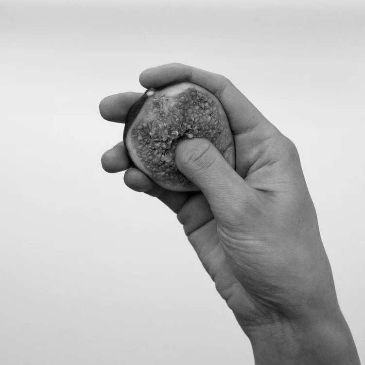 Eine Hand hält eine halbe Feige und drückt ihr Fruchtfleisch.