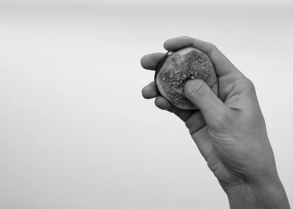 Eine Hand hält eine halbe Feige und drückt ihr Fruchtfleisch.