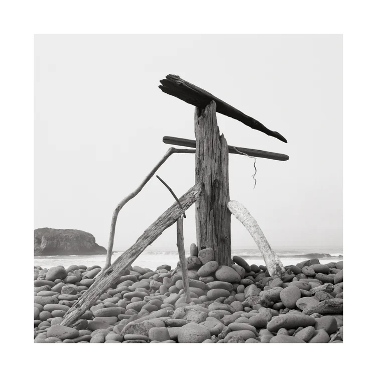 Driftwood arranged like a sculpture on a stone beach next to the ocean.