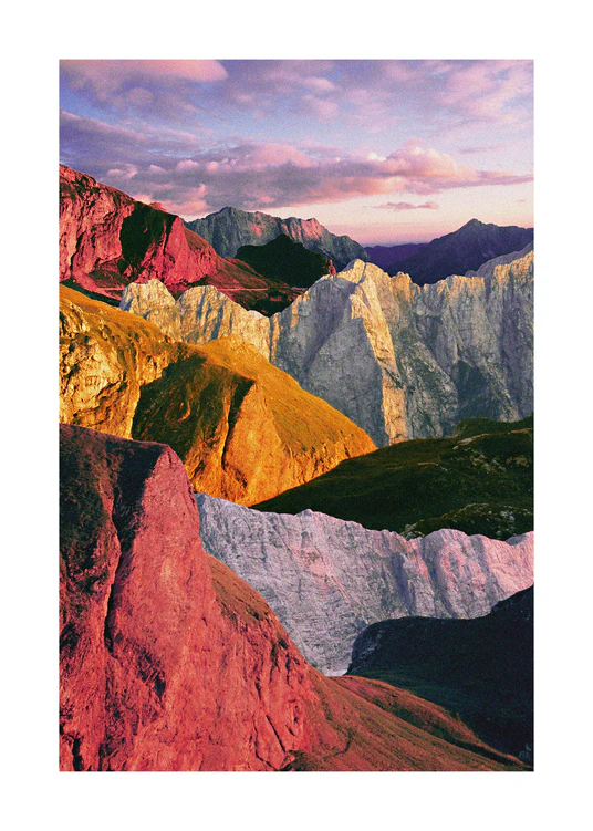 A cross between photograph and painting depicting a colorful mountain scenery.