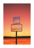Mirrors reflecting a sunset scenery with sea and sky colored in orange and pink.