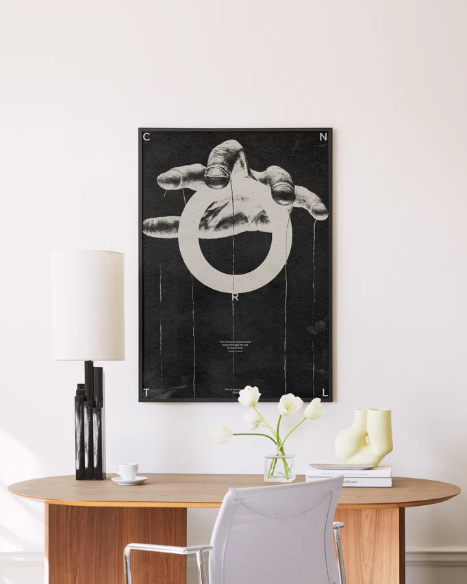 Hand holding strings like a puppet master and the word control spelled out.