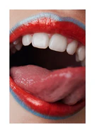 Mouth with blue lip pen and red lip stick licking its white teeth.