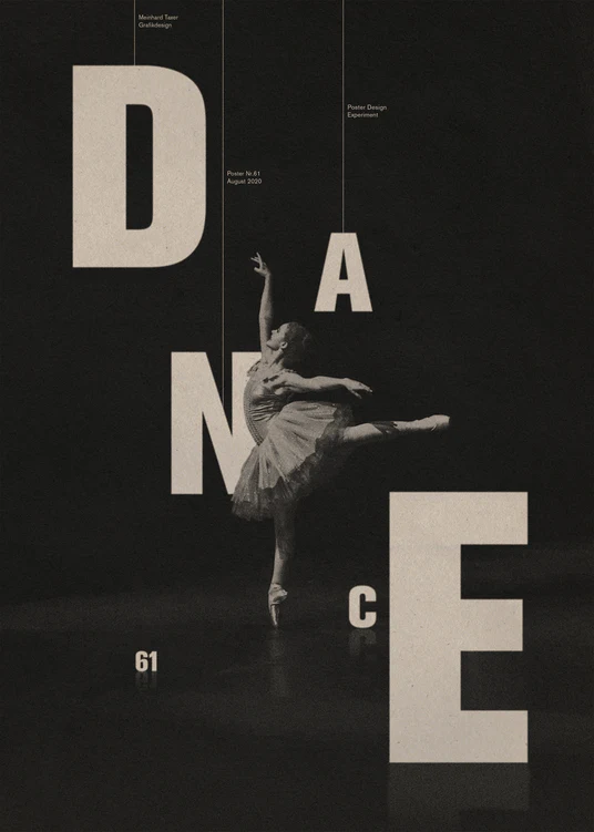 Ballerina on a black canvas surrounded by letters spelling out the word dance.