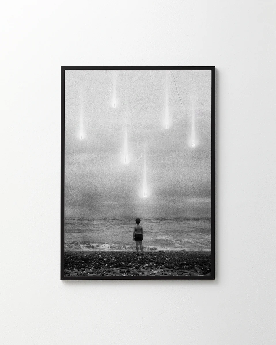 The Doubts Poster features a black-and-white image of a person standing on a rocky beach, facing an ocean under cloudy skies. Bright, vertical streaks descend, resembling lights or meteors, creating a surreal and otherworldly vibe.