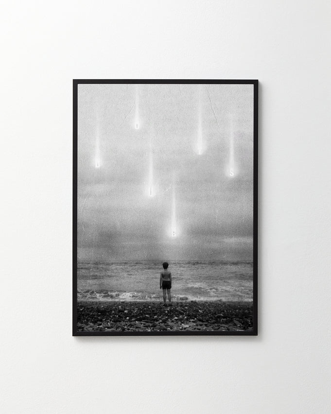The Doubts Poster features a black-and-white image of a person standing on a rocky beach, facing an ocean under cloudy skies. Bright, vertical streaks descend, resembling lights or meteors, creating a surreal and otherworldly vibe.