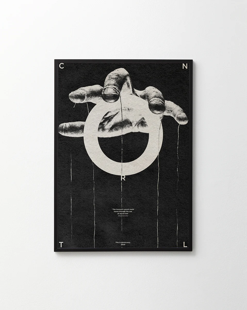 Hand holding strings like a puppet master and the word control spelled out.