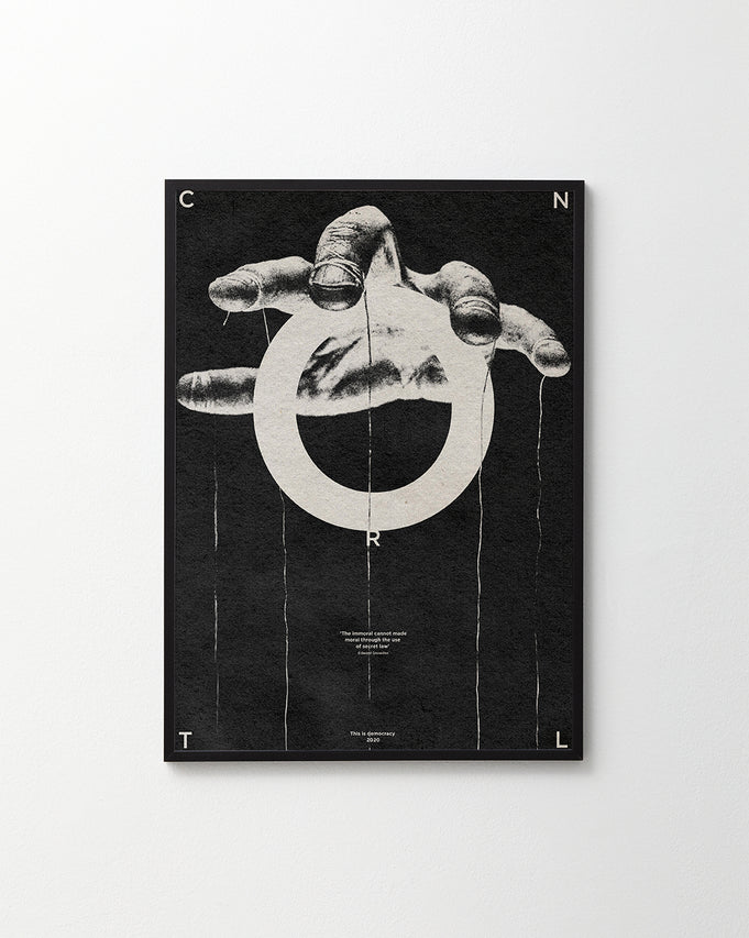 Hand holding strings like a puppet master and the word control spelled out.