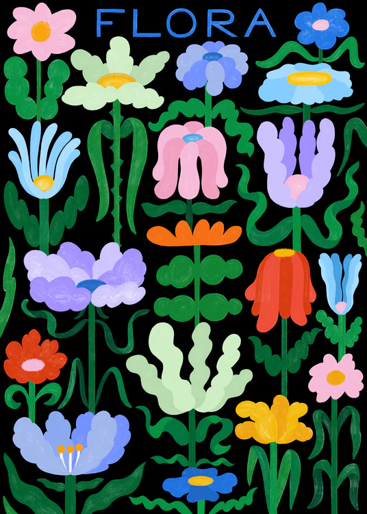 A black background features colorful abstract flowers with wavy stems and leaves, showcasing vibrant pink, blue, purple, red, and yellow hues. The top is elegantly adorned with FLORA in bold blue handwritten typography on the Flora on Black Poster.