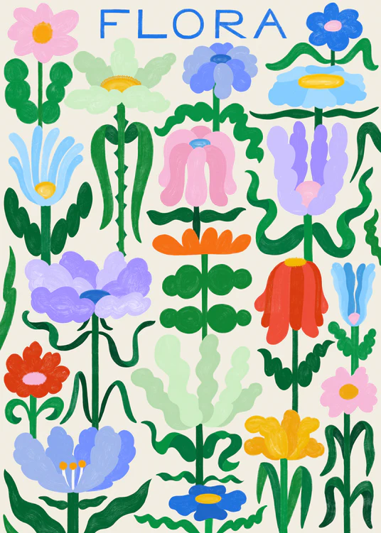 The Flora on White Poster showcases vibrant abstract flowers in pink, blue, red, yellow, and purple with lush green leaves arranged on a light background. The word FLORA appears at the top in blue handwritten typography.