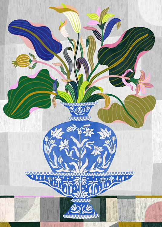 The Vase Poster by Manne Jalilian features a blue and white ornate vase filled with colorful, abstract flowers and large leaves. The scene reflects traditional Persian and Indian art, set on a backdrop with a subtle geometric design.