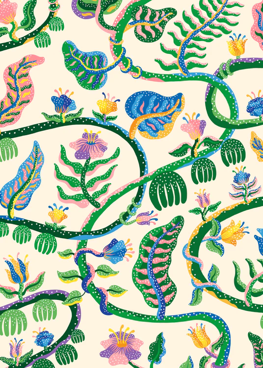 The Liana Poster by Manne Jalilian is a vibrant and playful design featuring green polka-dotted vines, large patterned leaves, and whimsical pink, blue, and purple flowers on a light background, evoking the charm of a tropical garden.