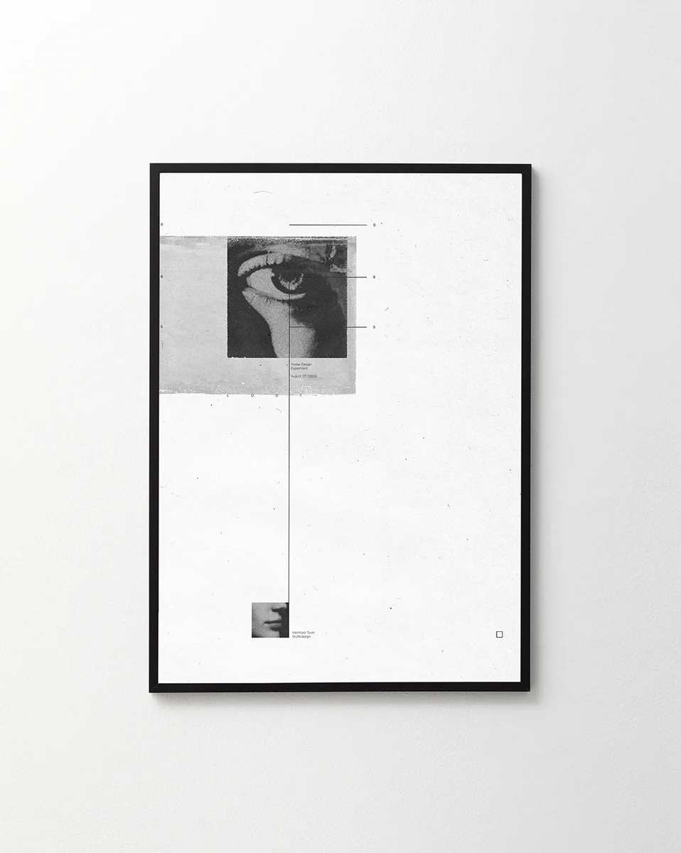 White canvas with two framed photographs in black and white and thin black lines.