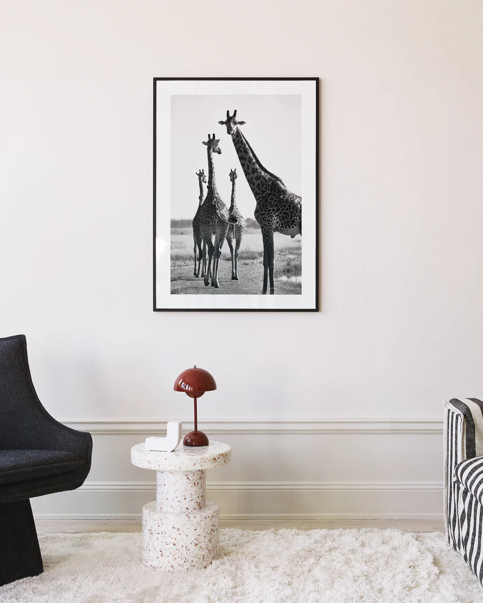 A modern living room with a black chair, terrazzo side table featuring a red lamp and book, the What Are You Waiting For? poster, ideal for unwinding after exercise. It includes a white fluffy rug and part of a striped chair.